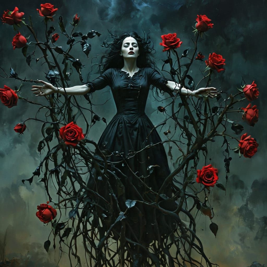 Surreal Black Roses Bloom From Woman's Hands