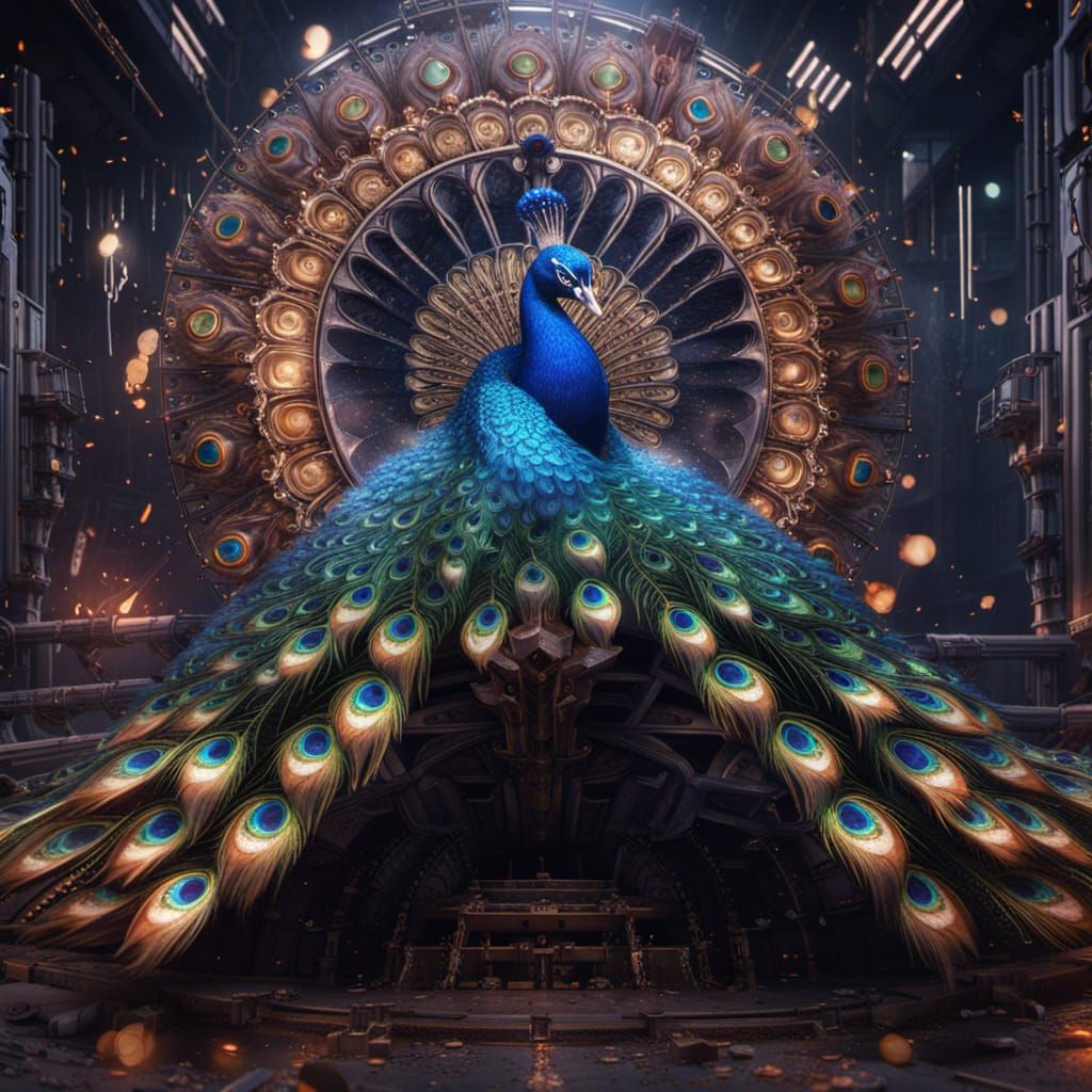 Mechanical Peacock Reveals Galaxy, Detailed Digital Art