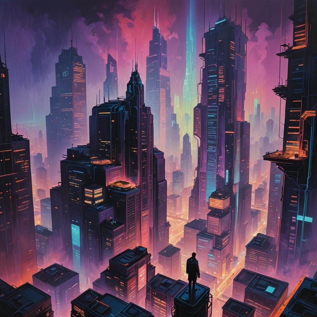 Neon Cyberpunk Dreamscape: A Vibrant Oil Painting
