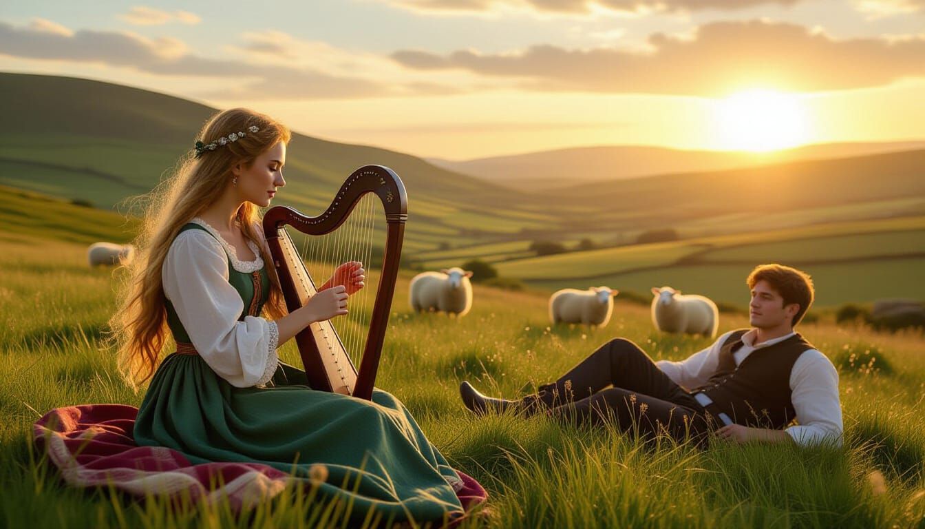 Woman Plays Harp in Irish Meadow at Sunset