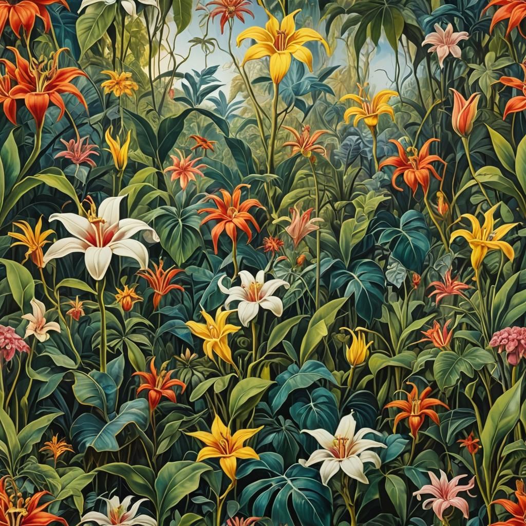 Surreal Tropical Jungle Flowers, Dali-esque Oil Painting