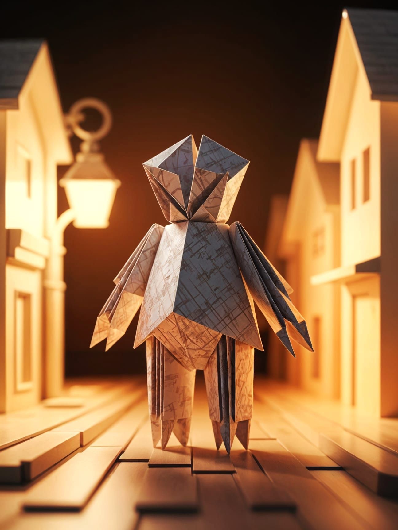 Origami Figure Overlooking Town as Impasto Painting