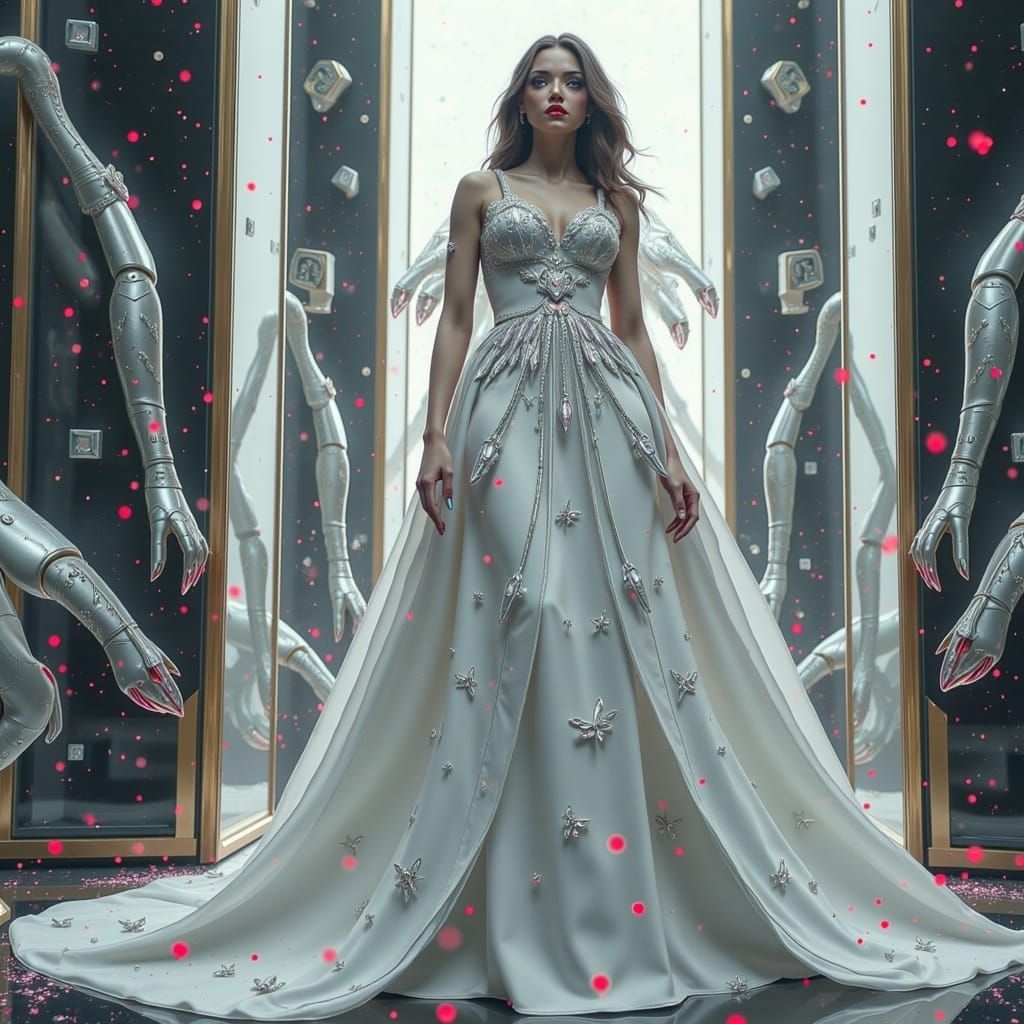 Elegant Lady with Metallic Cubes in Surreal Cyberpunk Style