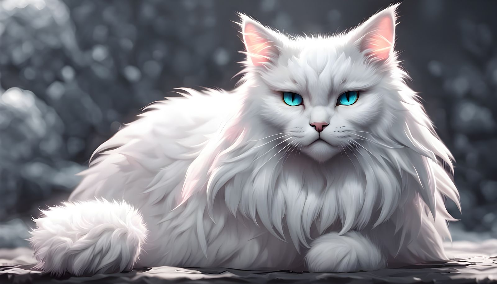 Evil mastermind pure white cat with extremely fluffy fur