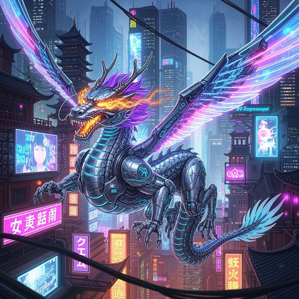 Cyberpunk Dragon Soaring Through Neon Cityscape