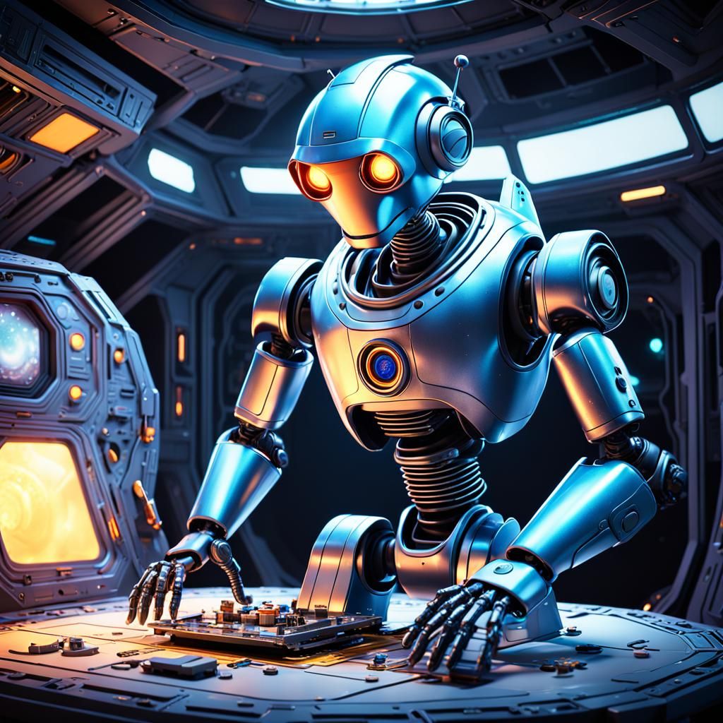 Cartoon Robot Repairs Spaceship Panel: 3D Digital Art
