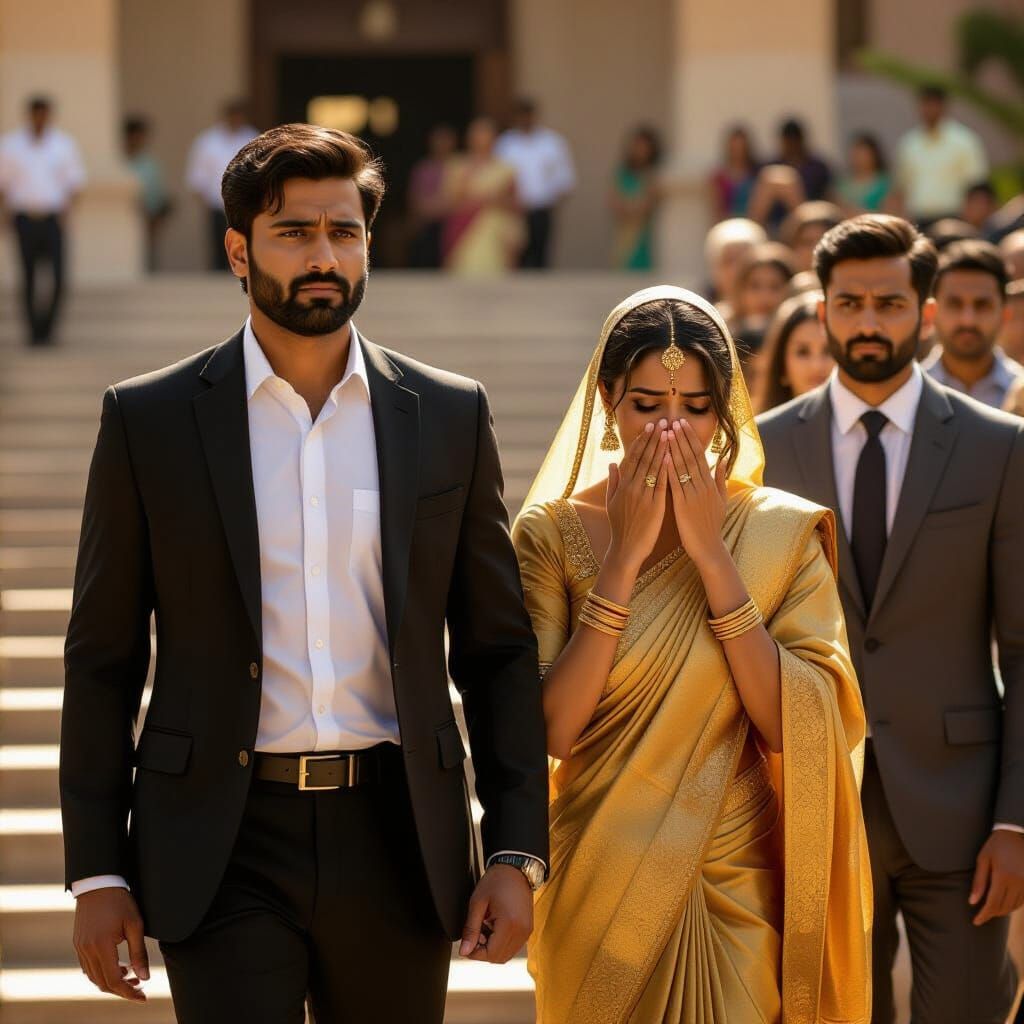 Man in Blazer Walks Down Courthouse Stairs in Golden Light