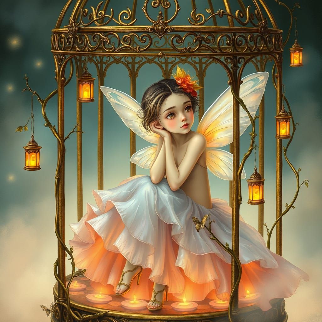 Whimsical Fairy Contemplates Golden Cage