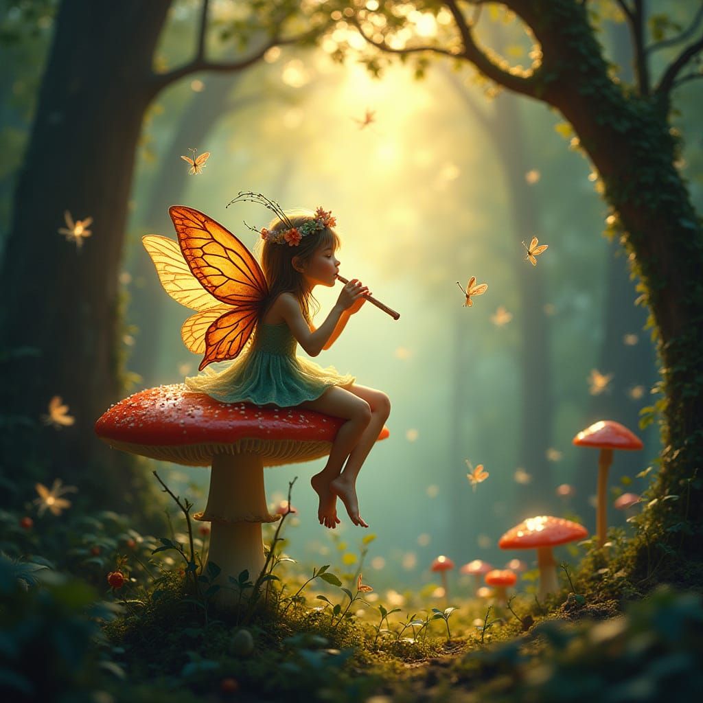 Enchanted Faerie Plays for Fireflies in Golden Dawn Forest