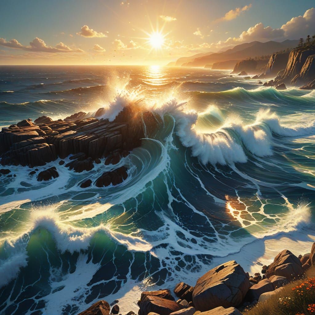Ocean Waves Crashing on Rocky Shore in Digital Painting