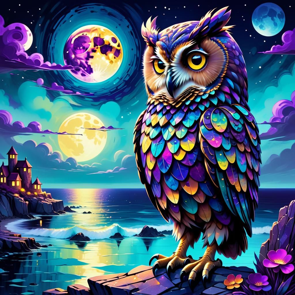 Psychedelic Owl Perched on Rock Under Moonlight