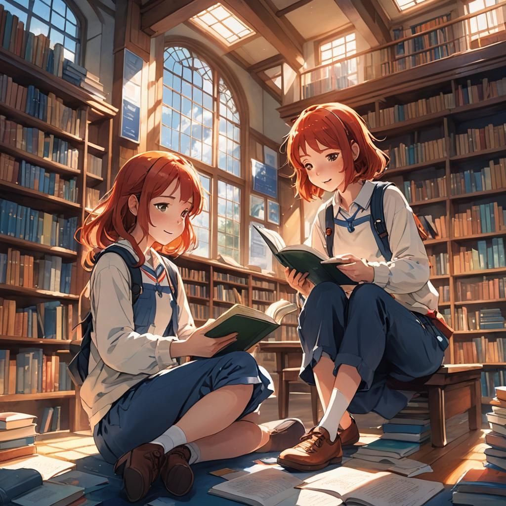 Red-Haired Girls Reading in a Cozy Library: Anime Art