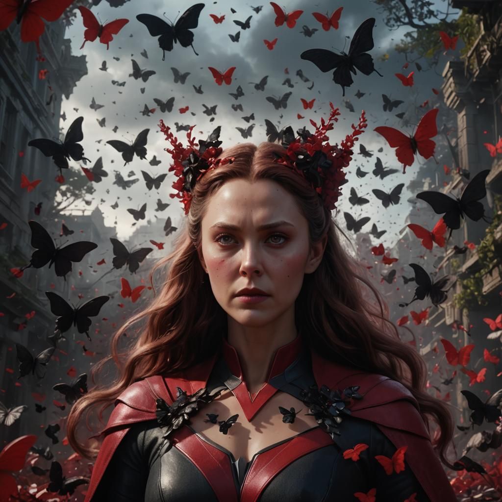 Scarlet Witch Surrounded by Black Butterflies in Detailed Pa...