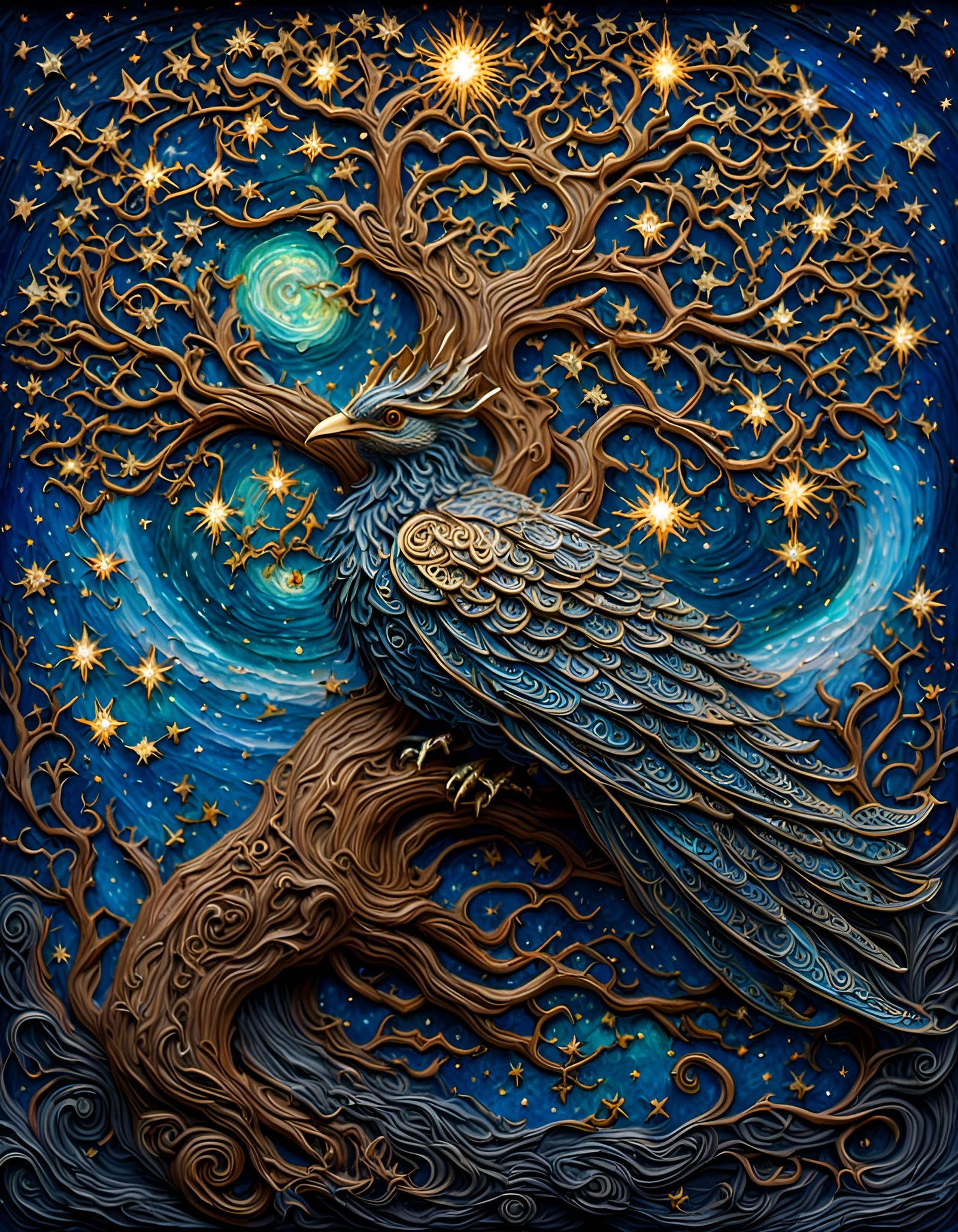 Elegant Mythological Bird in Oak Tree, Starry Night
