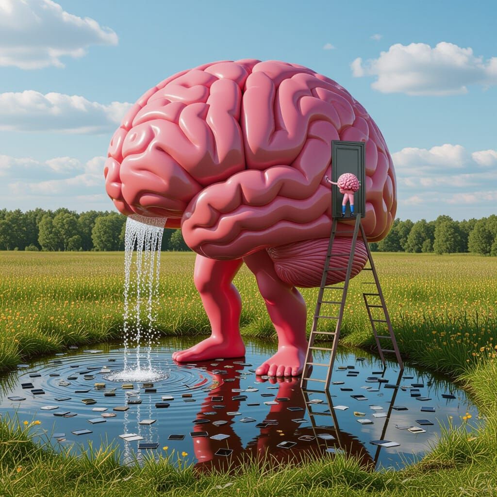 Giant Brain Stands Above Cell Pond in Hyperrealistic Photo