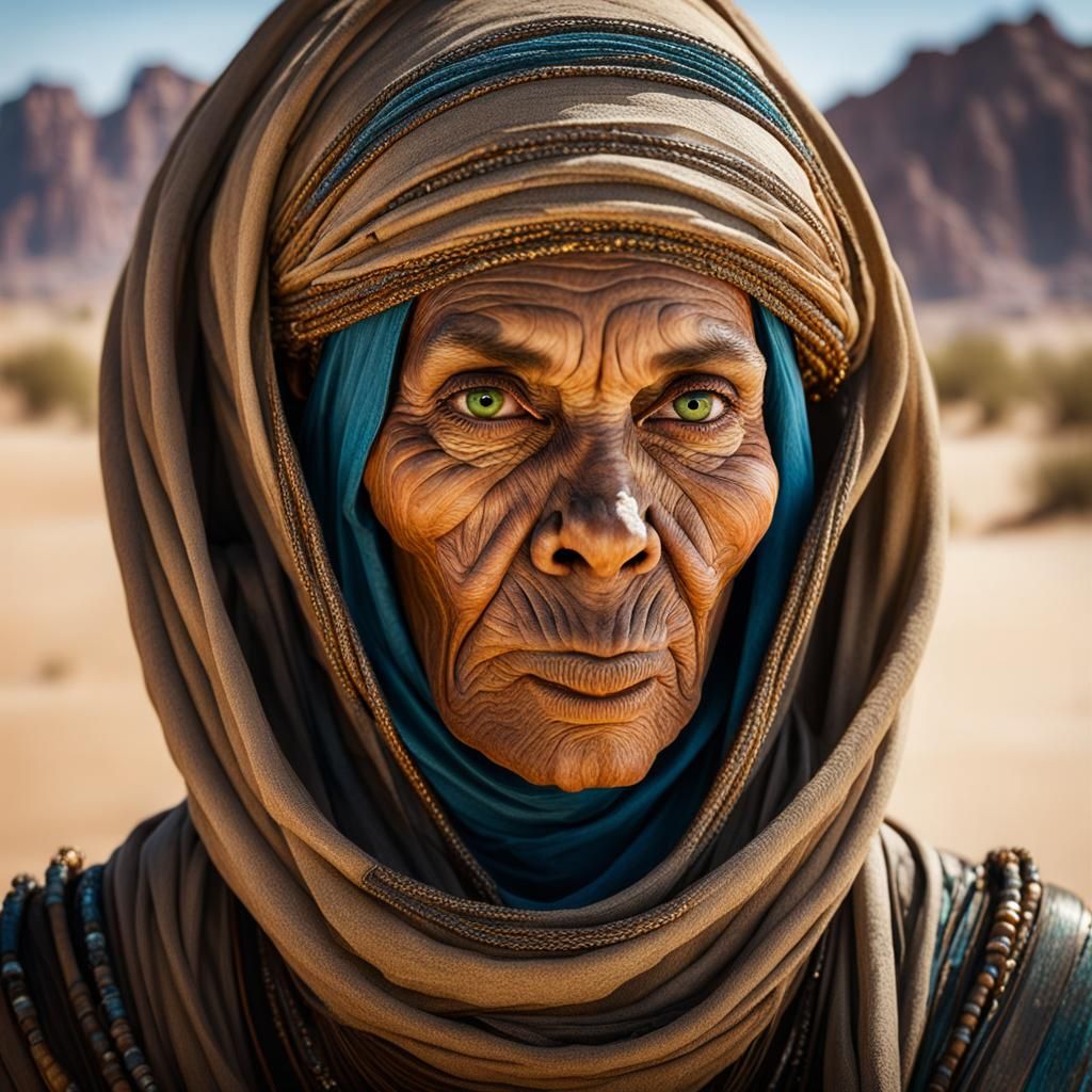 Alien Nomad Woman at Desert Oasis in Cinematic Realism