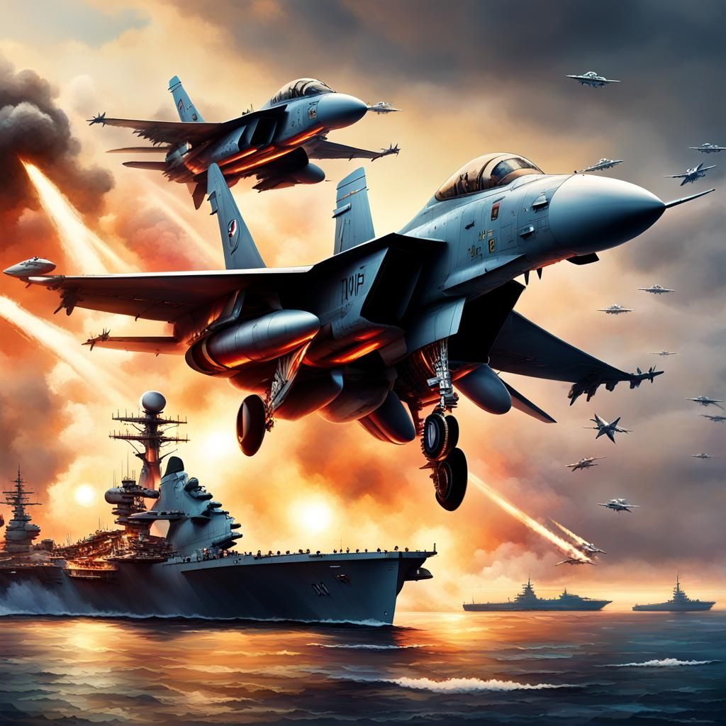 Fighter Jets Battle Above Aircraft Carrier at Dusk