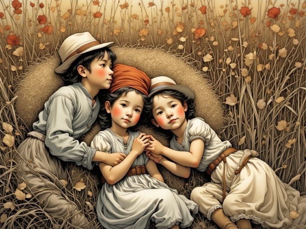 Whimsical Siblings in Hay, Inspired by Rackham and Demizu