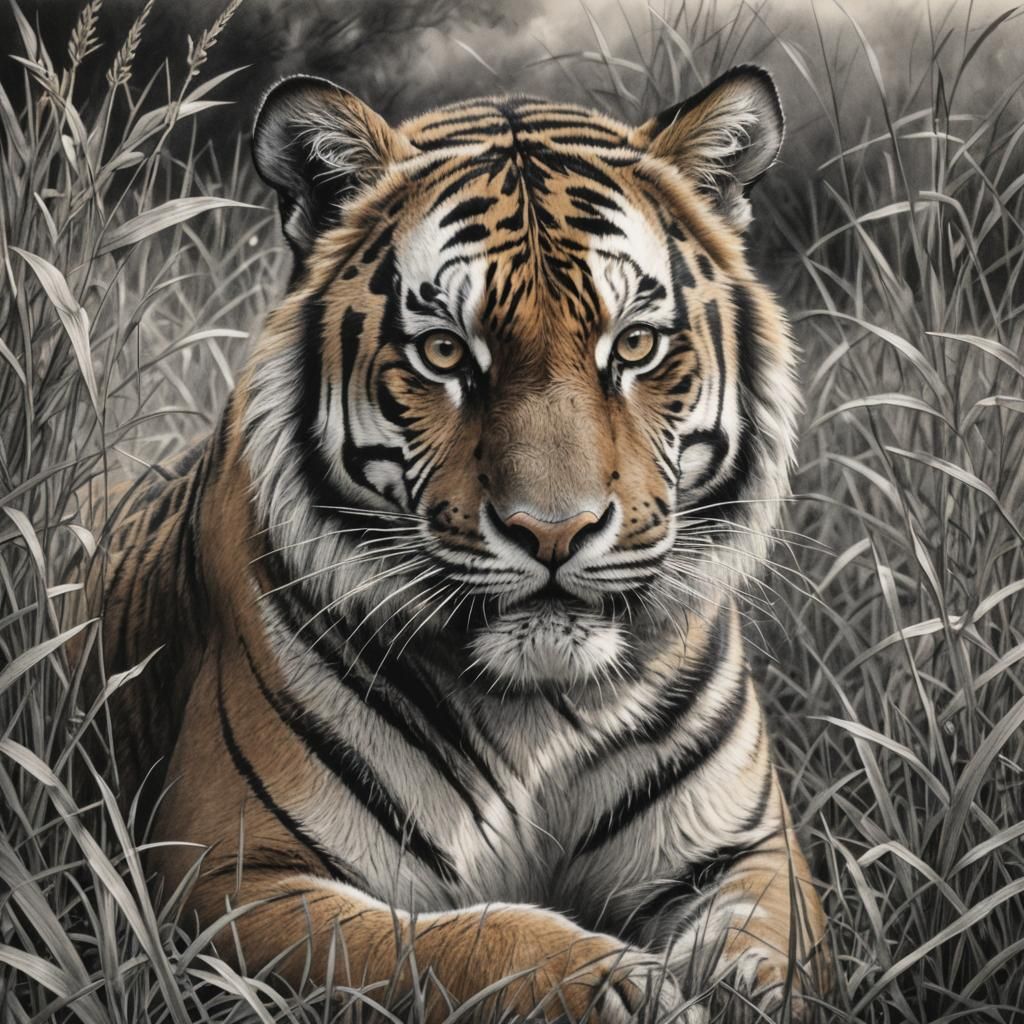 Tiger Crouching in Grass: Charcoal Drawing
