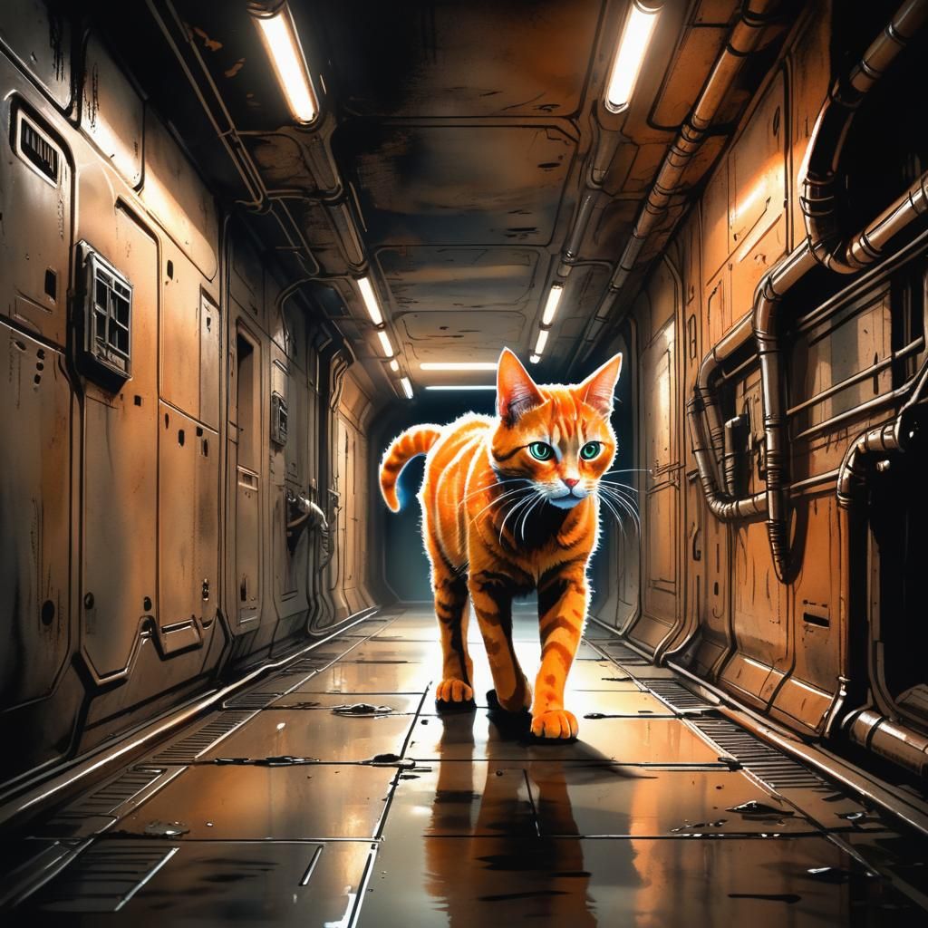 Tabby Cat Navigates Abandoned Spaceship: Sci-Fi Horror