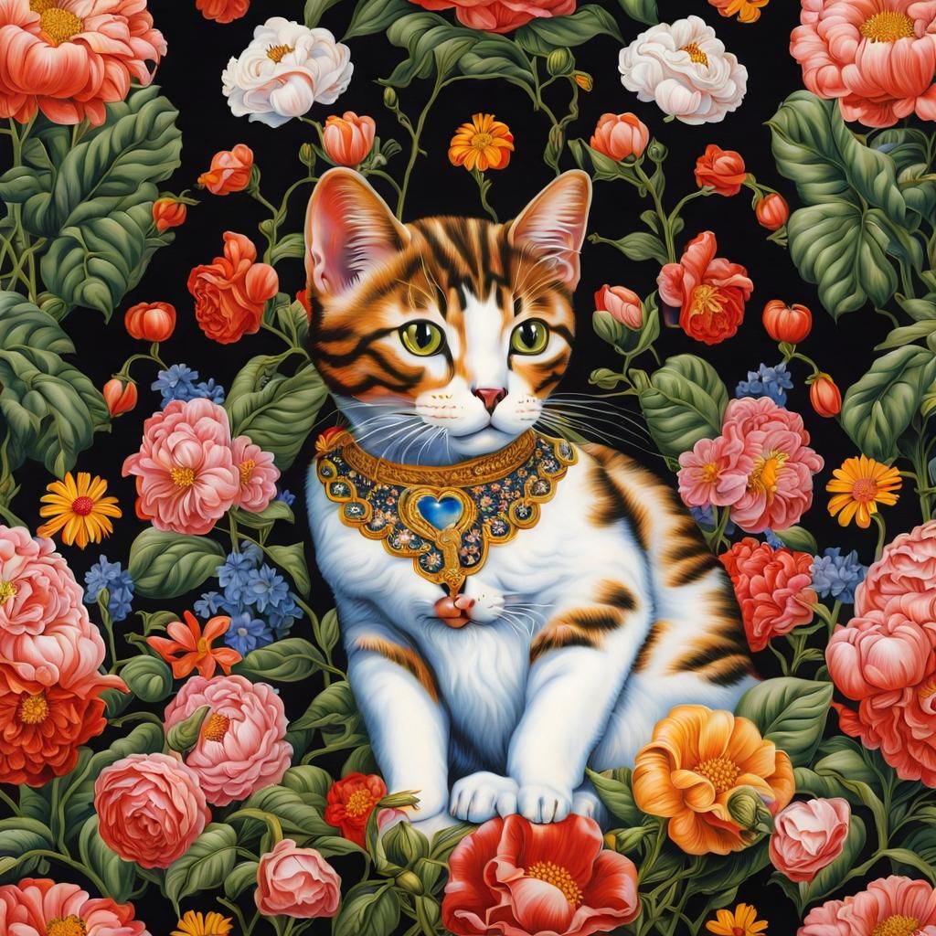 Cat Portrait with Flowers in Kehinde Wiley Style