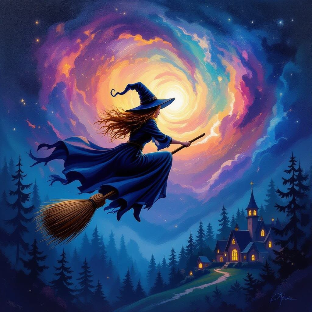 Witch Flying Through Nebula in Impressionist Oil Painting St...