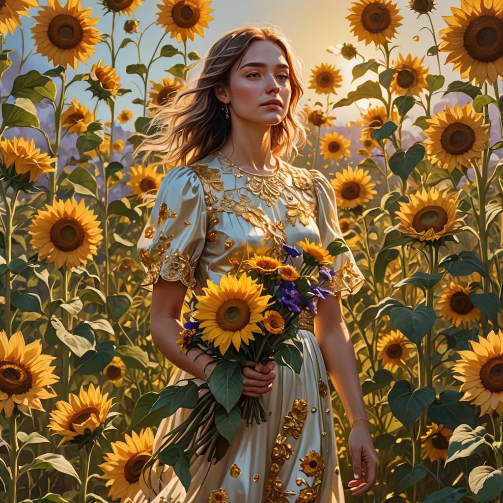 Woman in Sunflower Field with Flowers, Splash Art
