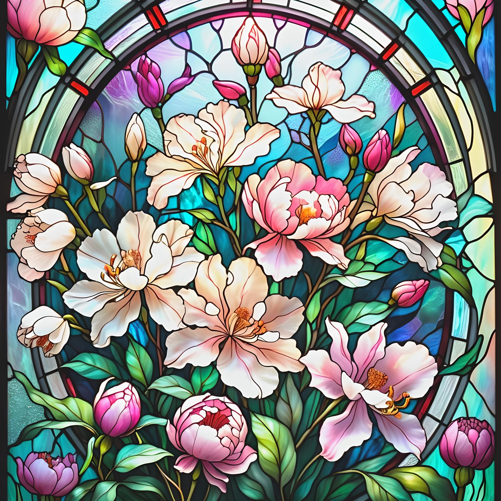 Luminous Stained Glass Window with Floral Design
