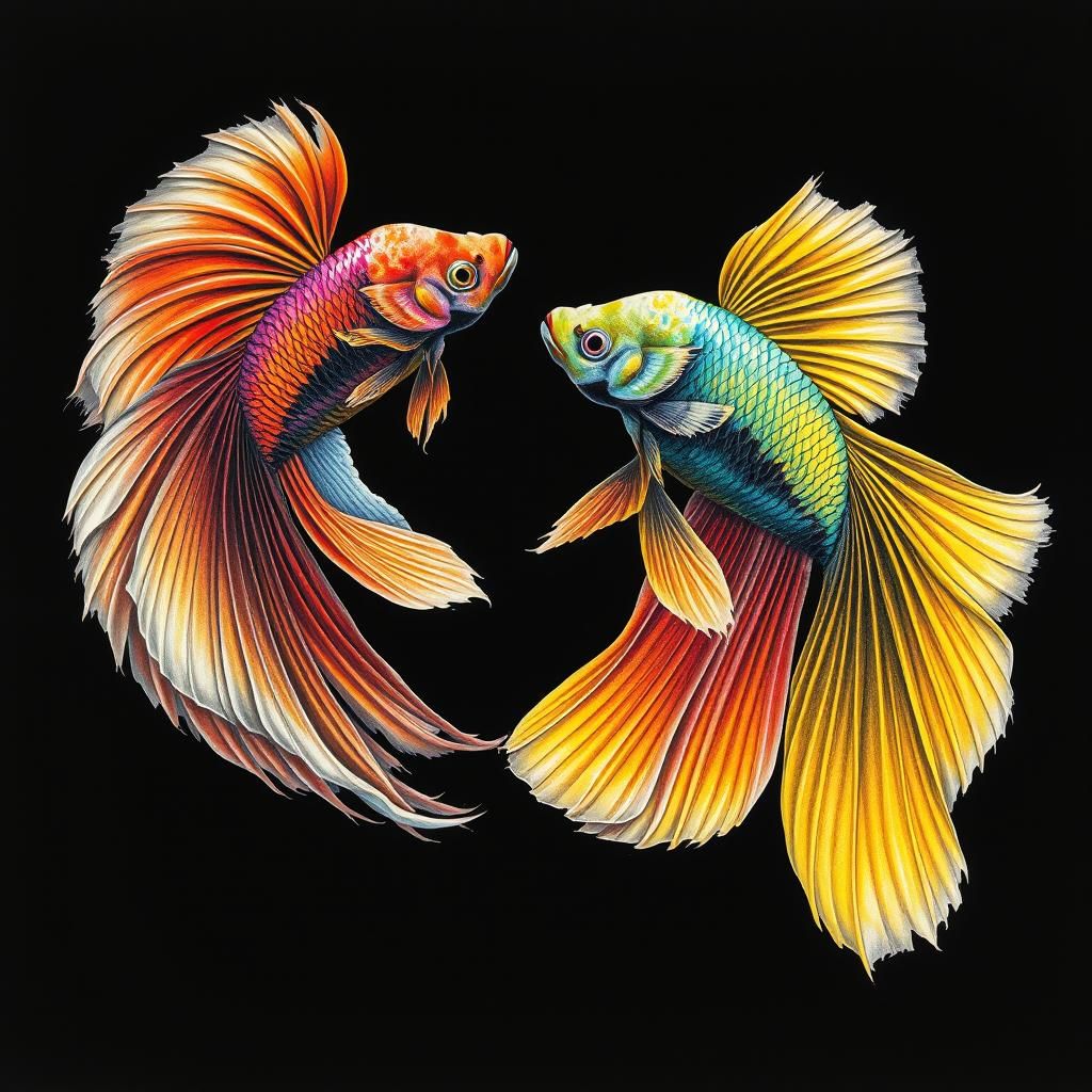 Betta Fish Mating Dance in Charcoal Drawing Style