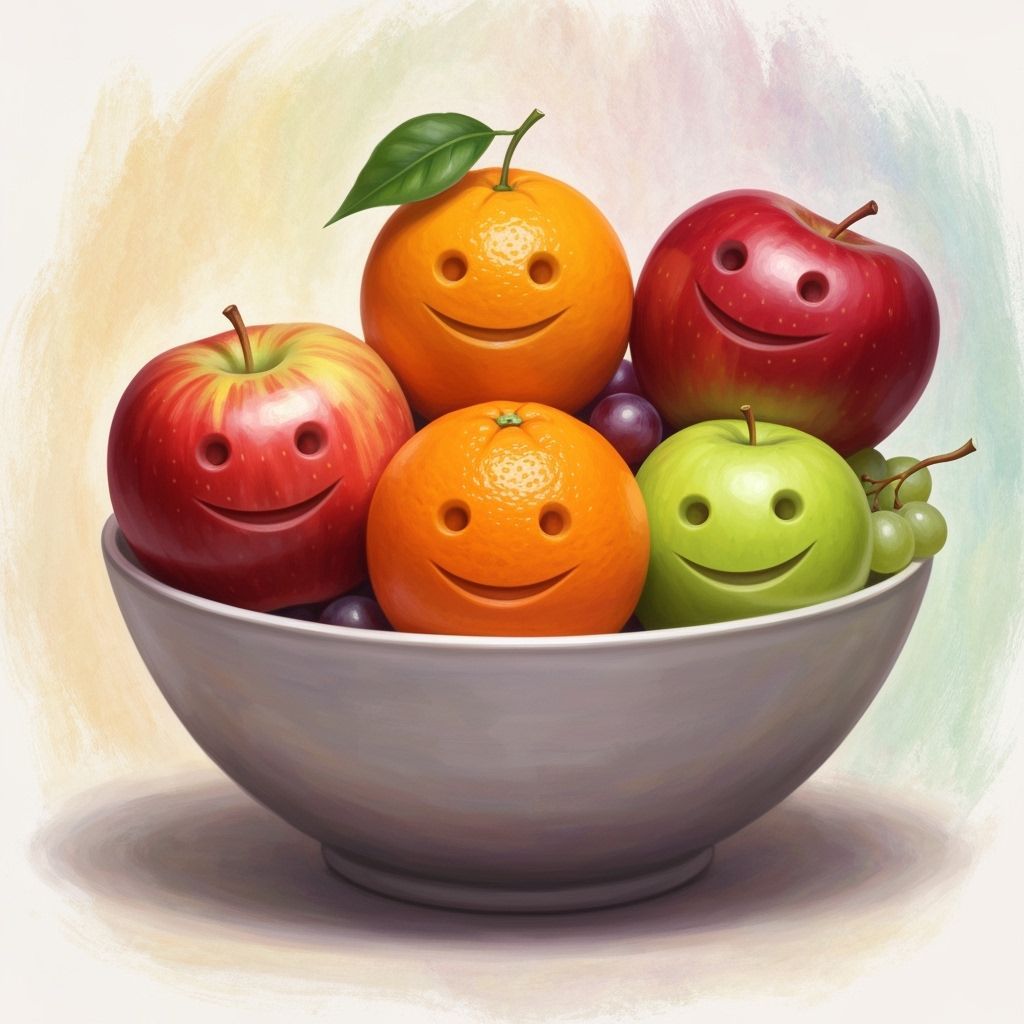 Whimsical Fruit Portrait in Vibrant Acrylic Style