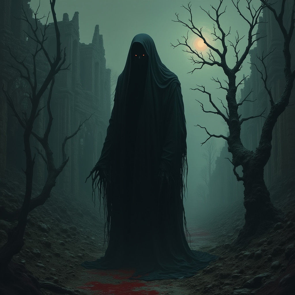 Dark Figure in Gothic Landscape: A Surreal Vision