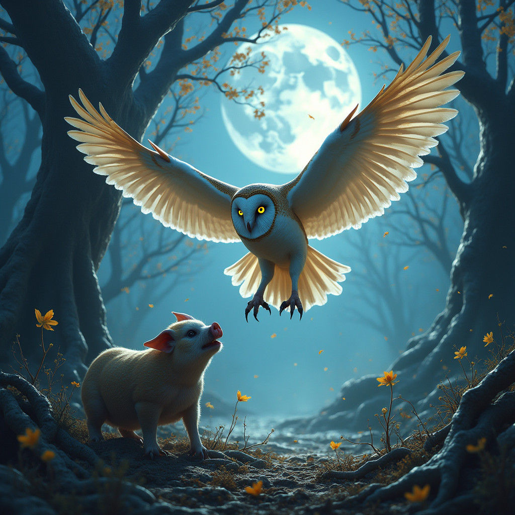 Barn Owl Attacks Pig in Surreal Moonlit Landscape