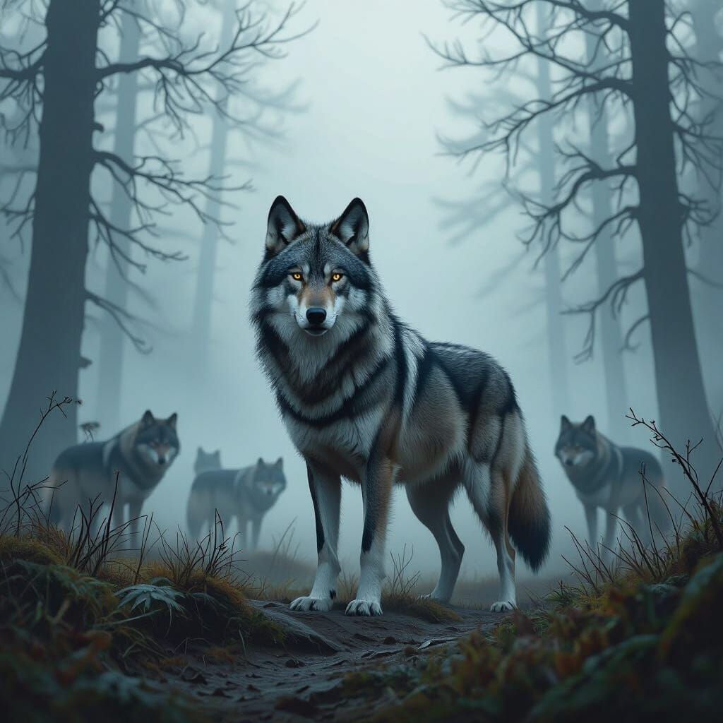 Wolf Pack in Misty Forest: Stalenhag Style