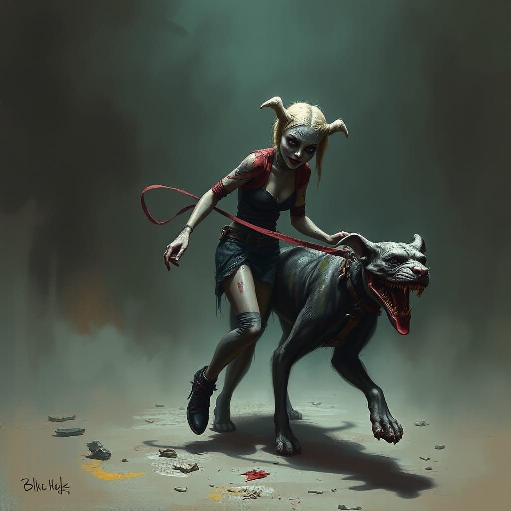 Zombie Harley Quinn Walks Joker: Gritty Dystopian Art