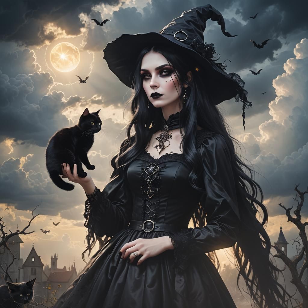 Gothic Witch and Cat in Divine Light