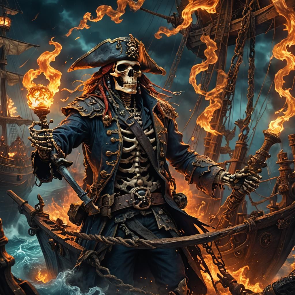 Dark Fantasy Skeleton Pirate Masterpiece in Hellish Vortex