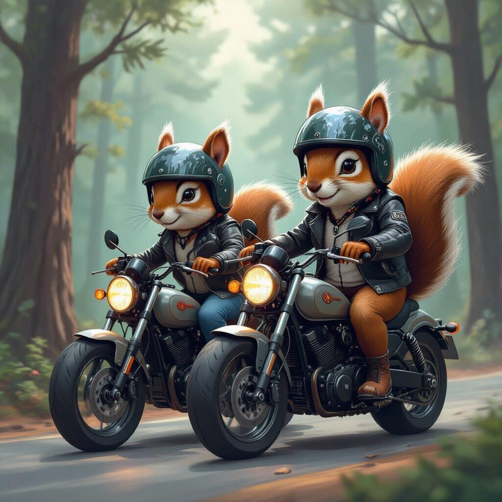 Squirrel Motorcycle Gang in Cartoon Sci-Fi Style