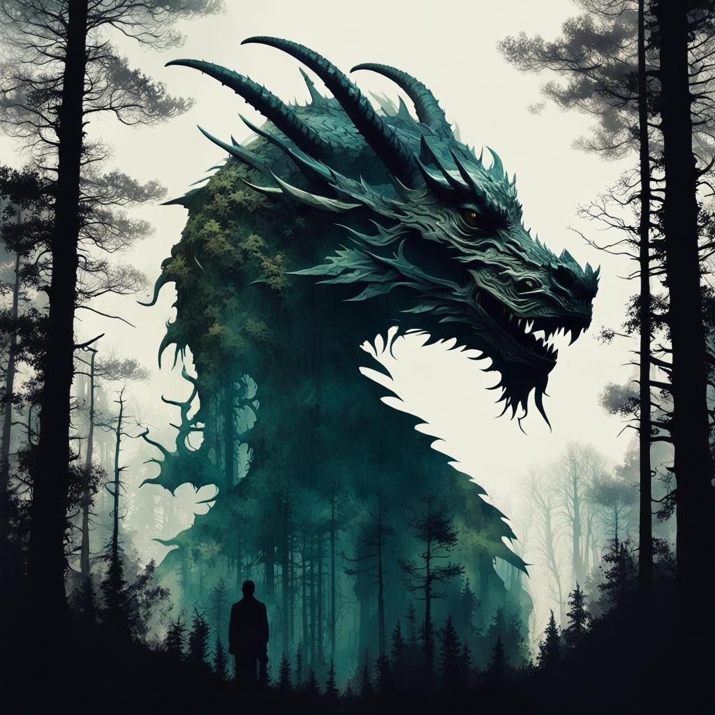 Dragon Silhouette in Forest: Psychedelic Splash Art