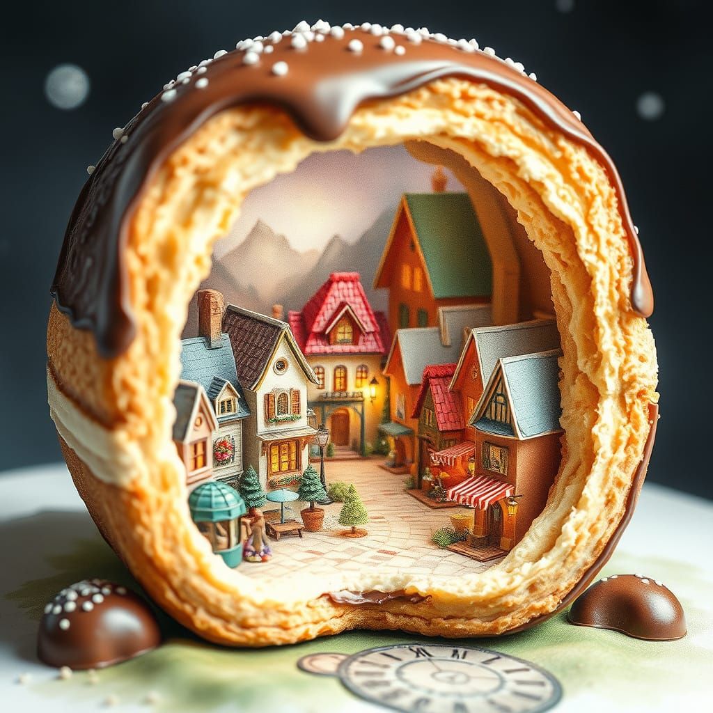 Miniature Village in Eclair, Watercolor Fantasy Concept