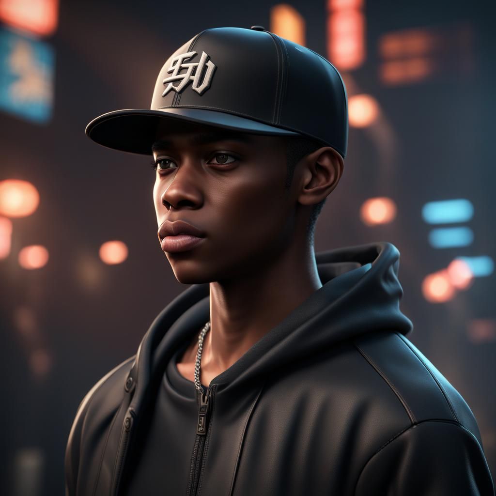 Black Teenager in Japanese Cap: Detailed Matte Painting