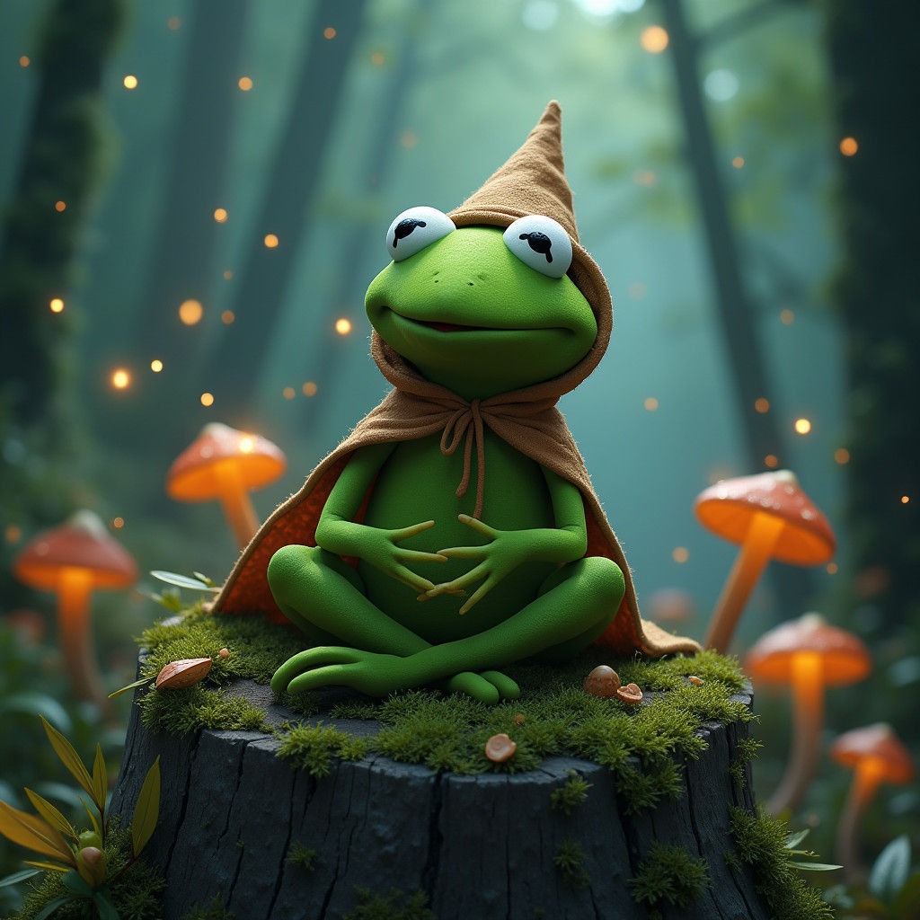 Kermit the Frog Mewing in Mystical Forest