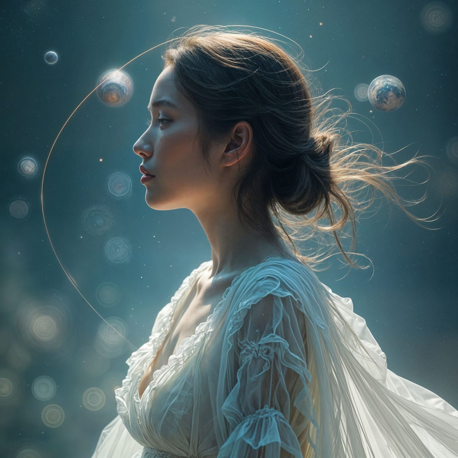 Celestial Portrait: Woman's Profile Merged with Solar System