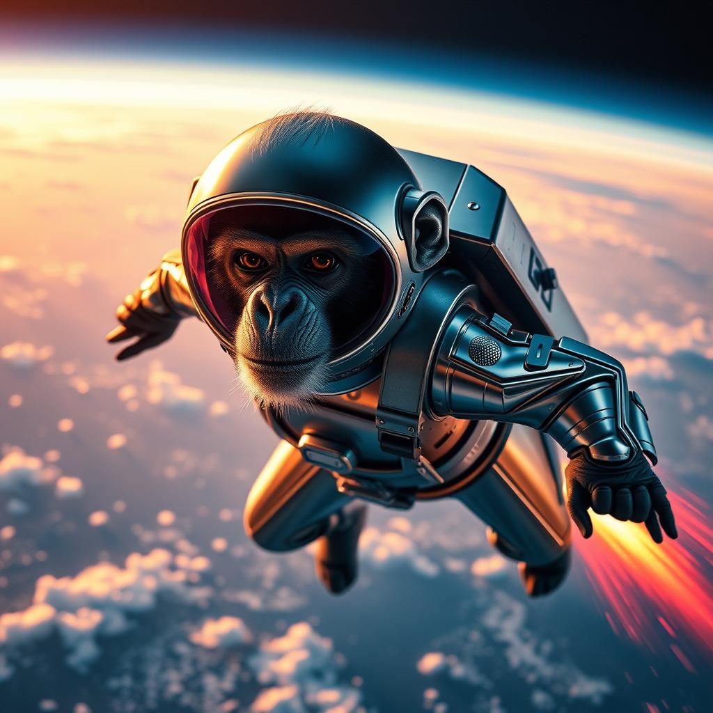 Monkey Astronaut Soaring Above Earth in Flight Suit