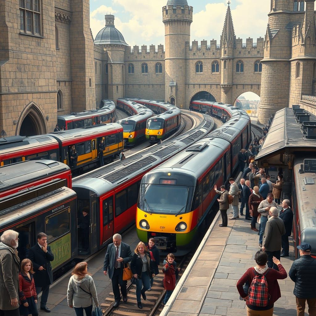 Medieval Train Station in Vibrant Colors
