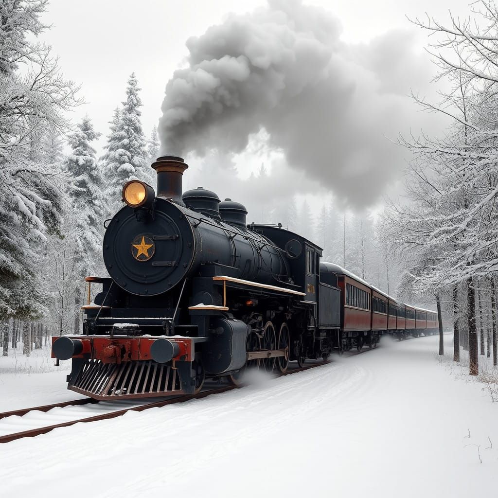 Vintage Steam Locomotive Chugs Through Snowy Forest Landscap...