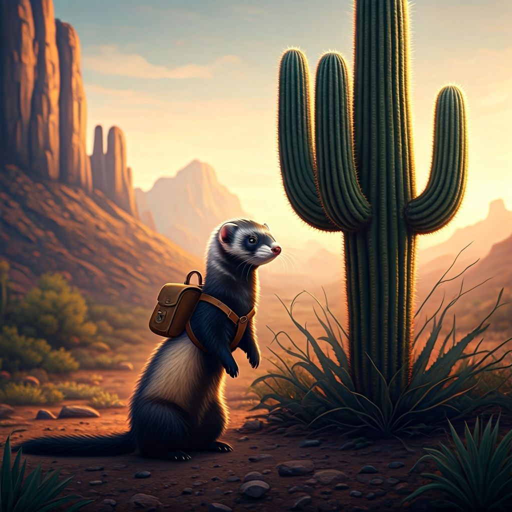 Black-Footed Ferret in Desert Landscape, Kinkade Style