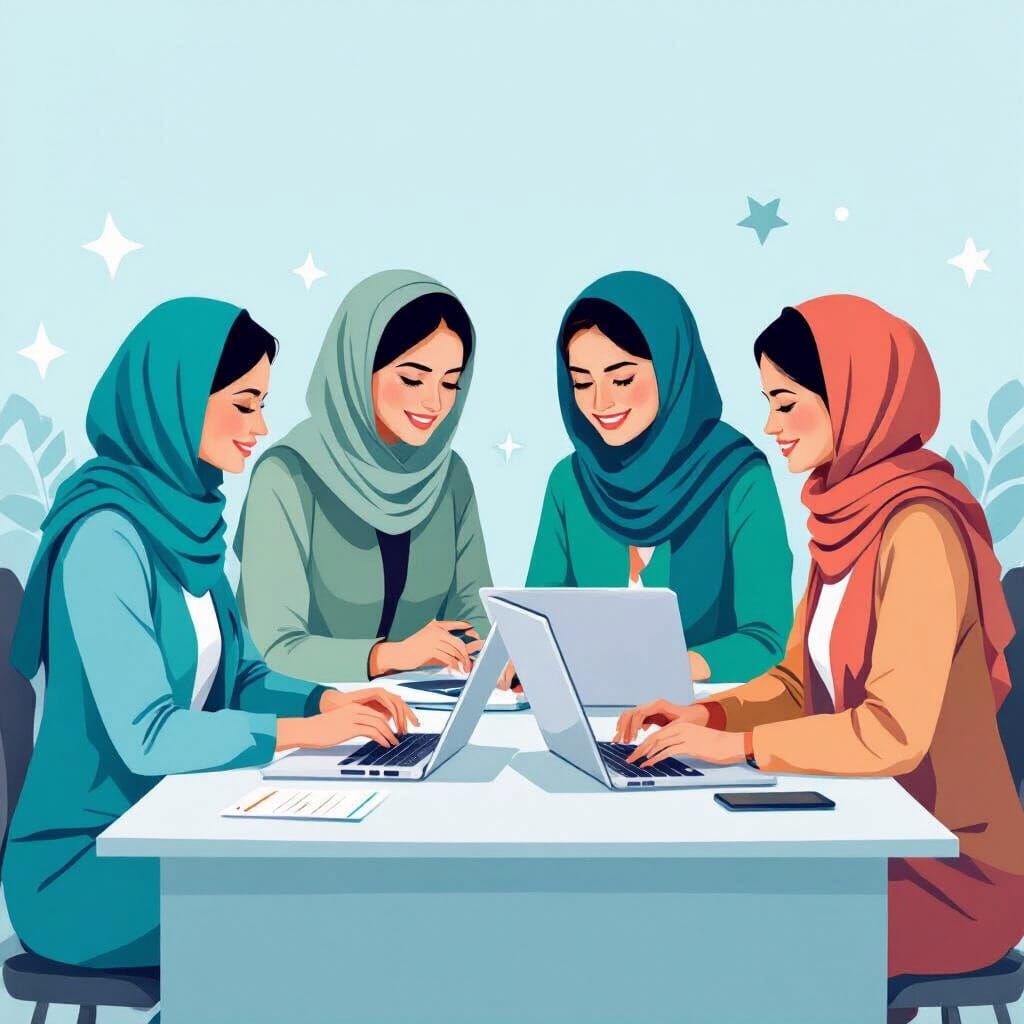 Afghan Women Collaborating Digitally in Flat Vector Style