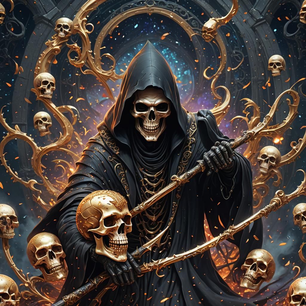 Grim Reaper with Swirling Skulls Fantasy Art