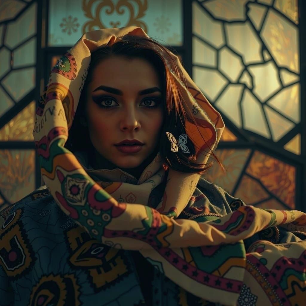 Flamboyant Woman with Chaotic Style in Geometric Background