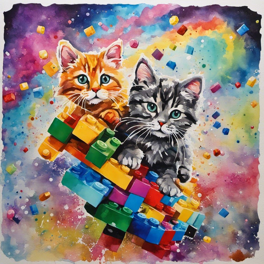 Whimsical Watercolor Lego Kittens in Space